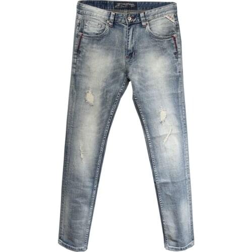 Men Jeans Retro Light Blue Ripped Jeans Italian Style Fashion Destroyed Baggy Pants High Quality Vintage Designer Slim Jeans