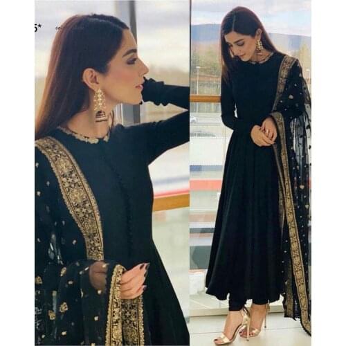 Elegant Indian Abaya Evening Dresses 2020 Black Jumpsuit Long Sleeve Prom Dress With Gold Lace Modern Turkey Kaftan Formal Gowns