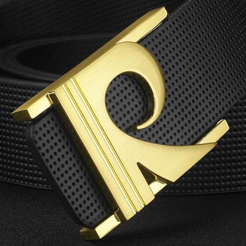 Hot sale genuine leather designer belts men high quality R letter luxury brand Cowskin Waist Strap Black golden buckle Waistband