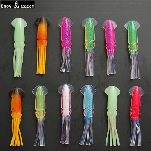 12pcs 12cm Mixed Color Soft PVC Plastic Squid Fishing Lures Saltwater Fishing Big Luminous Artificial Squid Skirts Bait