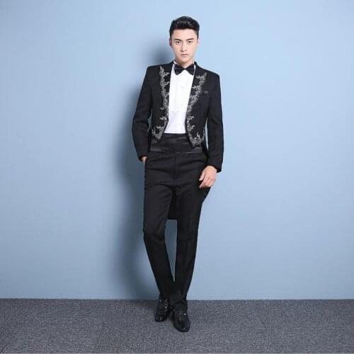 New Mens Korean Fashion Embroidery tuxedo Slim Blazers suit Men stage costume Grooms wedding dress Host performing dress S-XXL