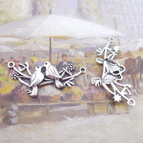 10PCS/Lot 21mm*49mm Antique Silver Color Branch Double Bird Charms Pendants For Jewelry Making DIY Handmade Craft