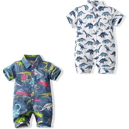 Pudcoco 0-24M Romper Summer Infant Baby Boy Casual Short Sleeve Dinosaur Print Pattern Turn-down Collar Clothes Jumpsuit Leotard