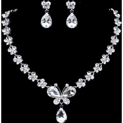 Luxury Female Crystal Jewelry Set Charm Gold Silver Color Wedding Drop Earrings For Women Cute Bridal Butterfly Chain Necklace