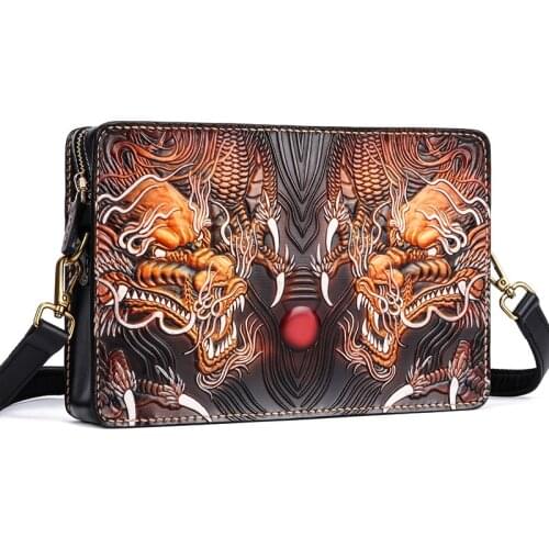 Handmade Men Vegetable Tanned Leather Carving Double Dragon Playing Pearl Bag Money Holder Clutch Purse Cigarette Clutches