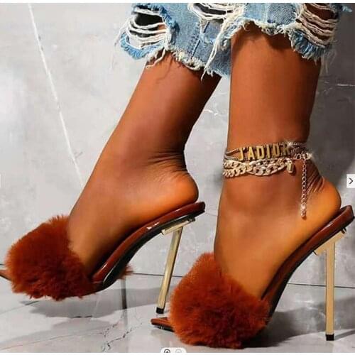 Shoes For Women Summer Sexy Thin High Heel Fashion Faux Fur Pointed Open Toe Shallow Ladies Party Slippers Slip-On 35-42