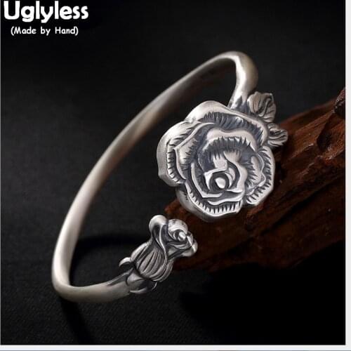 Uglyless 100% Real Solid 999 Pure Silver Rose Flower Bangles for Women Ethnic Retro Floral Open Bangle Thai Silver Fine Jewelry