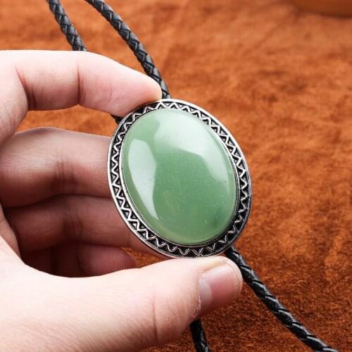 Vintage Western Cowboy BOLO Tie Slide Clip Middle Whole Big Jade PU Leather Rope Mens Fashion Accessories
