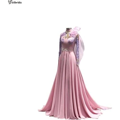 YYbride New Design Satin Coral Pink Color With Organza Butterfly Scarf All Hand Sewing Beads High Neck Backless Evening Dresses