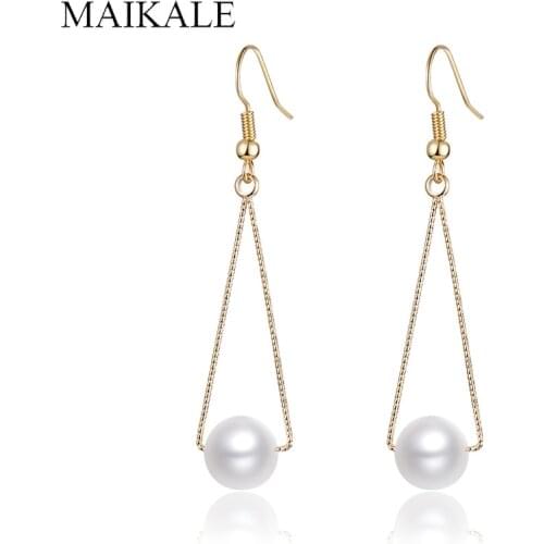 MAIKALE Simple Triangle Long Earrings with Pearl Gold Color Plated Hook Hanging Simulated Pearl Earrings for Women Jewelry Gift