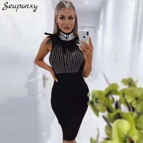 High Quality 2021 Summer Sexy Sleeveless O-Neck Diamond Feather Bandage Dress Womens Bodycon Crystal Club Party Dress Vestidos