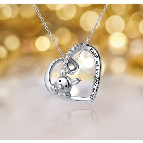 Women 925 Sterling Silver Pig Pendant Necklace Piggy Jewelry Cute Hollow Heart Engraved"Keep Me in Your Heart" for Women Girls