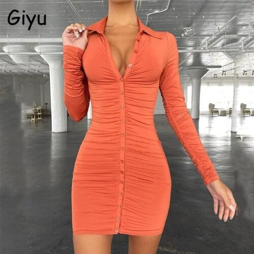 Giyu Casual Shirts Dress Women 2021 Autumn Sexy Bodycon V Neck Button Mini Dresses Club Party Long Sleeve Solid Ruched Vestidos