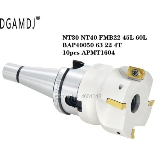 1 set of NT30 NT40 FMB22 45L 60L tool holder + BAP40050 63 22 4T face milling cutter head + 10 APMT1604 carbide inserts