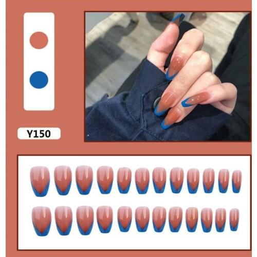 24Pcs/Set Fashion Mini Hypotenuse Coffin Blue French Style Full Cover On Nails Tips Manicure Salon Stickers