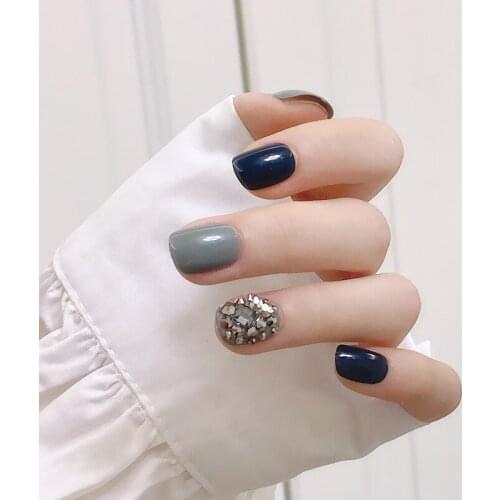 24pcs Nails Patch Glue Type Gray Blue Full With Diamond Short Paragraph Fashion Manicure False Nails Patch Nails Accesorios