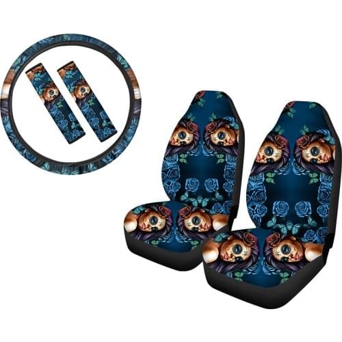 Calavera Girl Floral Pattern Car Seat Covers Durable Car Steering Wheel Cover Comfortable Car Seatbelt Shoulder Strap Set of 5