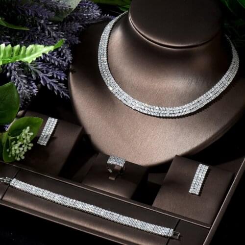 HIBRIDE Brilliant Choker Design African CZ Jewelry Set For Women Wedding Party Zircon Crystal Indian Neckalce Earring Set N-426