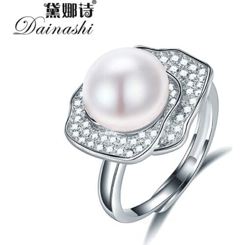 Dainashi 100% Genuine Freshwater Cultured Pearl Ring 925 Sterling Silver Flower Zircon Crystal Adjustable Ring Fine Party Gift