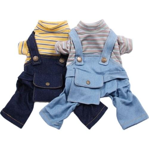 New Dog Cat Jumpsuit Rompers Striped&Denim Pet Puppy T-shirt Denim Pants Spring/Summer Clothing Apparel 5 Sizes 2 Colours