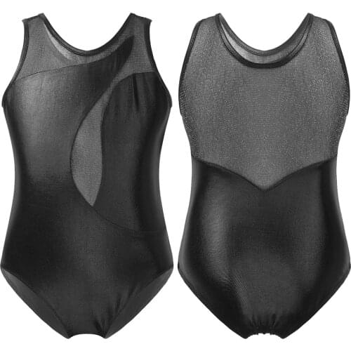 IEFiEL Kids Girls Patent Leather Sleeveless Asymmetrical Swirl Tulle Splice Ballet Dance Gymnastics Leotard Jumpsuit Costumes