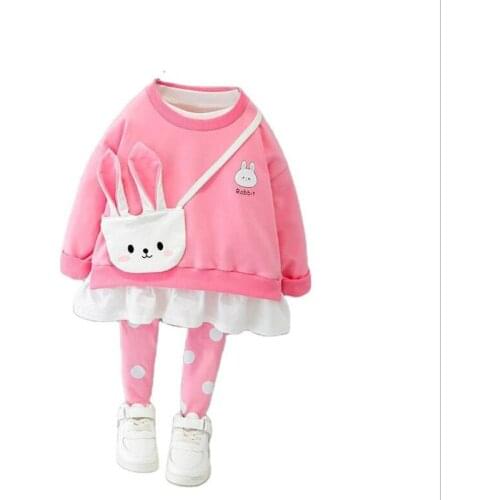 Baby Suit New Spring Girl Cute Cartoon Rabbit Clothing Set Child Cotton Long Sleeve Toddler Kid Shirt + Dot Pants 1 2 3 4 Years