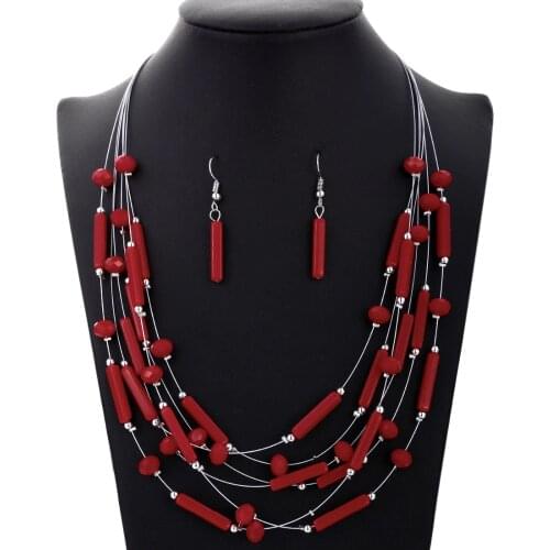 MINHIN New Fashion Wedding Sets African Beads Coral Jewelry Set For Woman Silver Color Multi Layers Necklace Earring Set