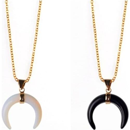 Real Natural Stone Sailor Moon Necklace Gold-color Crescent Quartz Opal Black Onyx Horn Necklaces Vintage Jewelry