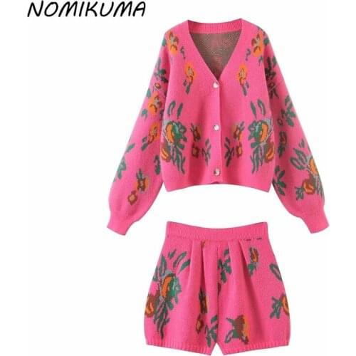Nomikuma Women Vintage Floral Jacquard Swetaer Sets Causal V-neck Knitted Cardigan + High Waist Wide Leg Shorts Sets 2021 6Z629