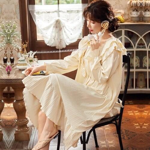 2021 New Spring and Autumn Nightdress Womens Cotton Long Sleeve Sweet Lovely Palace Princess Style Home Clothes Sleepwear Women