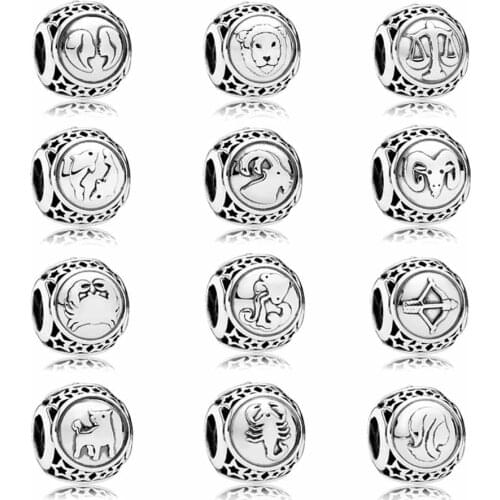 New fashion charm original ancient silver twelve constellation round beads suitable for original Pandora ladies bracelet jewelry