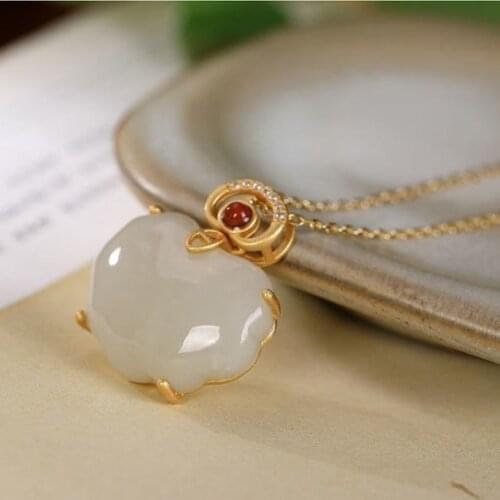 Original Pure Silver Embeded Jade Hetian Jade Ruyi Necklace Pendant Female Safety Lock Sweater Accessories All-Matching Generous