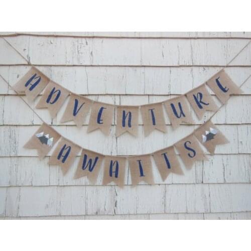 Personalized Adventure Awaits welcome baby shower first birthday burlap Banners nursery room party Buntings garlands Photo Prop