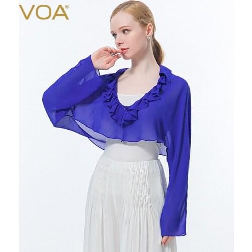 VOA Silk Georgette Dark Blue Round Neck Long Sleeves One Button Flounces Sun Protection A Micro-transparent Simple Coat WE106