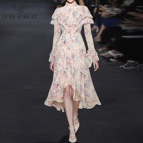 Qian Han Zi designer fashion runway Dress Womens long sleeves vintage print Embroidery hollow Cascading Ruffle Long slim dress
