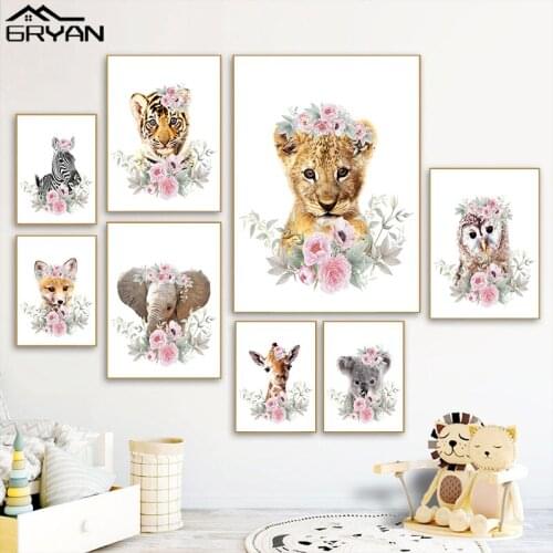 Safari Baby Animal Wall Art Canvas Poster Flower Crown Lion Tiger Giraffe Zebra Elephant Nursery Print Painting Nordic Picture