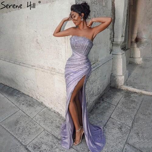 Serene Hill Lilac Sexy Strapless Meramid Evening Gown 2021 Luxury Beaded Elegant For Women Fromal Party Dress CLA71272