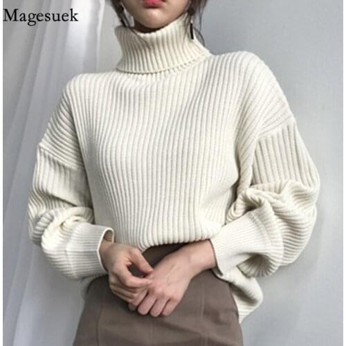 Korean Solid Knitted Sweater Women 2021 Autumn Winter Long Sleeve Thicken Woman Sweaters Loose Pullover Turtleneck Sweater 10327