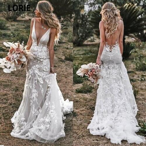 LORIE Vintage Mermaid Wedding Dresses 2020 V-neck Backless Lace Appliques 3D Flowers Country Bridal Gown Plus Size Custom Made