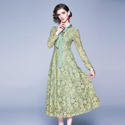 Vintage Party Lace Dress Women Elegant Ribbon Bow Brooch Hollow Out Maxi Dress Office Ladies V-neck Long Sleeve Dress k6288