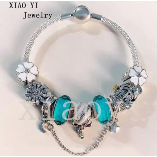 XIAOYI 2020 new 100% s925 Blue and white lucky leaf bow carriage snow charm temperament high quality bracelet gift female