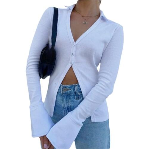 Women Sexy Button Down Tops Long Sleeve V Neck Blouses Casual Autumn Solid Slim Fit Lapel Shirts Streetwear Outfits Clothes