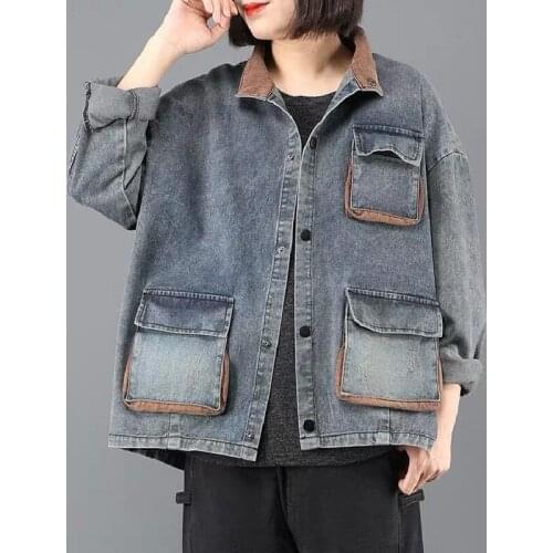 2021 Spring Autumn Harajuku Denim Jackets For Women New Korean Fashion Loose All-Match Long Sleeve Pocket Jeans Coat Tops Female