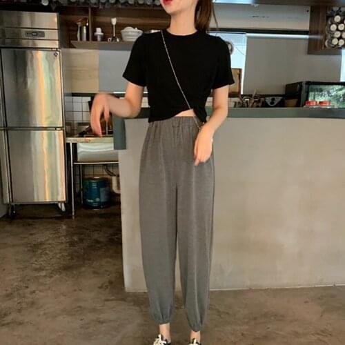 Women Knot T-Shirt Top + Ankle Length Harem Pants 2 Pieces Set Fashion O-Neck Solid Pullover tshirt and Pants