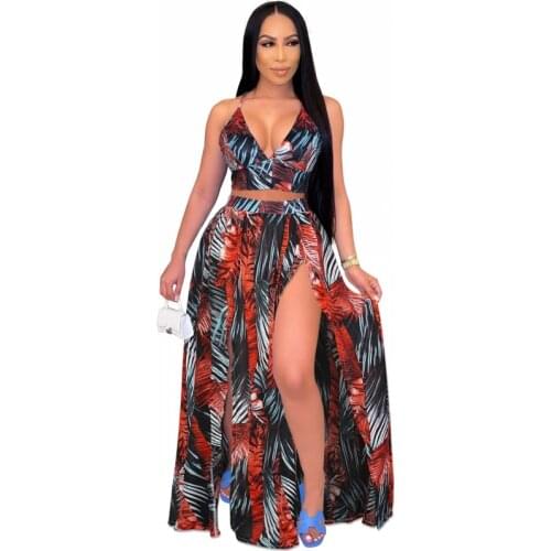 Bohemian Vacation Beach 2pcs Set Women Floral Printed Short Strapless Tops And High Waist Pleated Long Skirt Suit Spring Summer