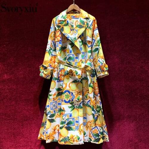 Svoryxiu Autumn Winter Fashion Runway Double Breasted Long Trench Coat Womens Long Sleeve Painted Lemon Print Overcoat Outwear