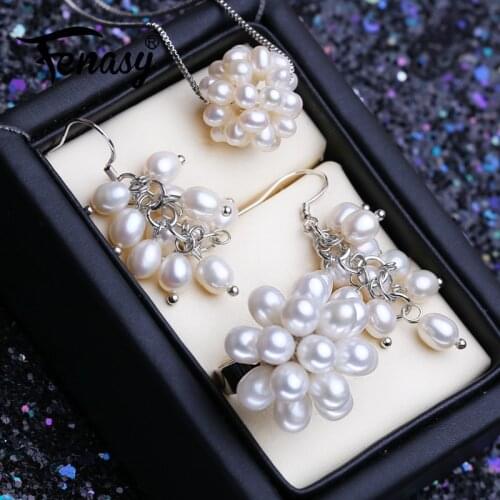 FENASY Wedding Jewelry Sets Fashion Natural Freshwater Pearl Pendant Necklaces Women Drop Earrings Elegant Many Pearls Ring Set