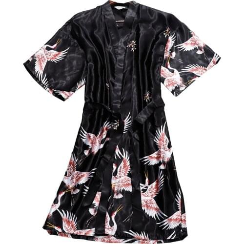 Womens One Size Bride Bridesmaid Black Robe Cranes Pattern With Glitter For Wedding Party Getting Ready, Knee-Length