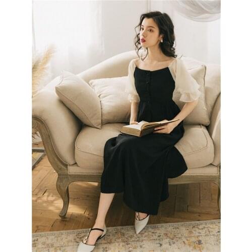 2019 new fashion womens dresses Summer French Vintage High Waist Off Shoulder slash neck Dress