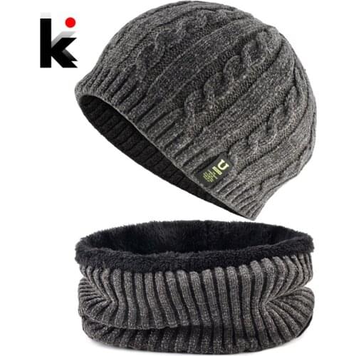 Winter Warm Hat Set For Men Knitted Thick Double Layer Skullies Beanies And Scarf Mens Outdoor Casual Sport Hat Scarves Set